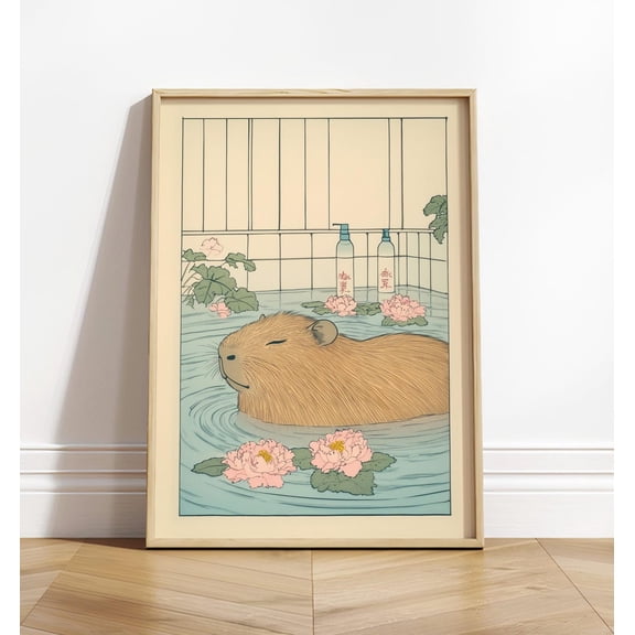Capybara Bath Japanese Ukiyo e Animal Art, Unframed Paper Poster 8x10in