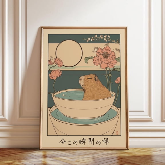 Capybara Bath Japanese Zen Soaking Peaceful Wall Art, Unframed Paper Poster 8x10in