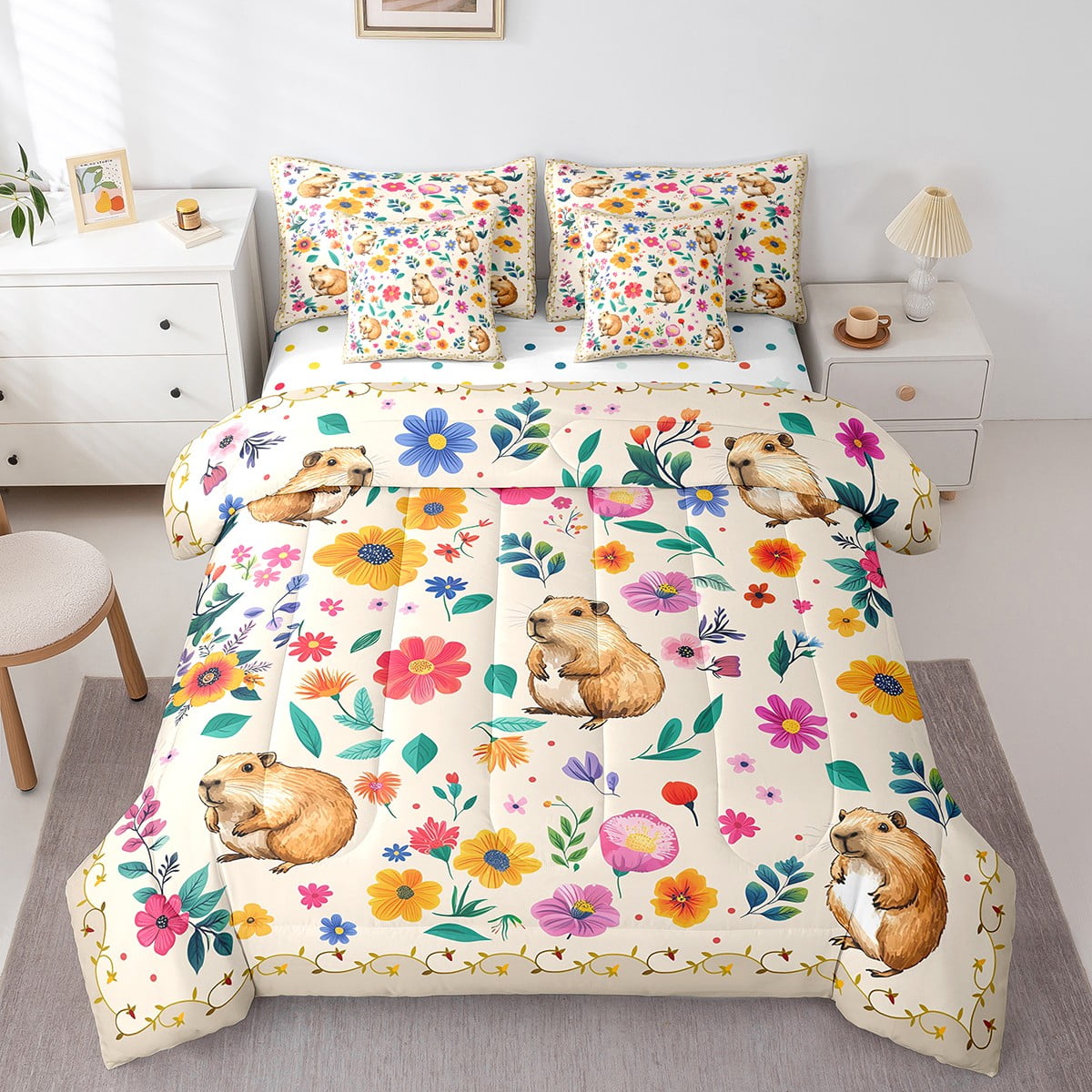 Capybara Bed in a Bag King Size Comforter Set 7 Pieces,Boho Floral