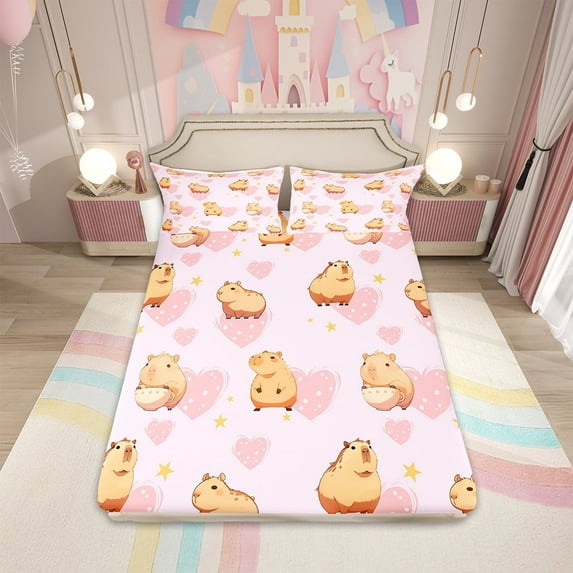 Capybara Bed Sheets Set for Kids Boys Girls,Cartoon Animal Sheet Set,Pink Love Heart Sheets,Cute Capybara Flat Fitted Sheet with 2 Pillowcases,Deep Pockets,Queen
