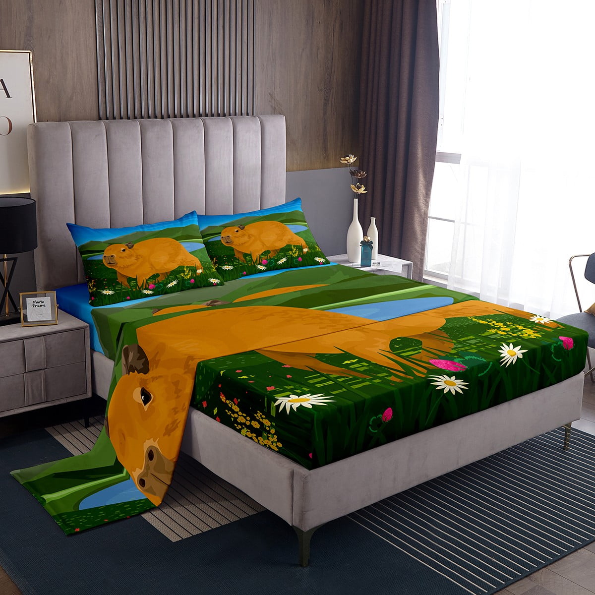 Kawaii Capybara Bed Sheets Queen Set - Strawberry & Animal Cartoon Print Fitted Sheet With Pillowcases, Cute Wildlife Bedding