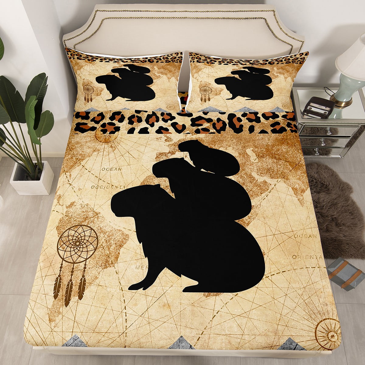 Capybara Bed Sheets Dream Catchers Sheets for Kids Teens,Brown Leopard