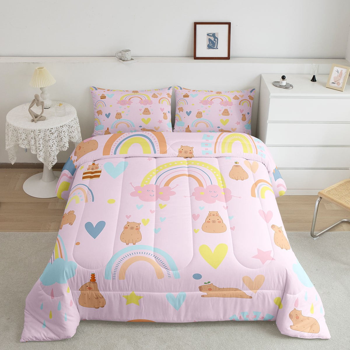 Capybara Bedroom Comforter Set King Size, Pink Rainbow Bedding Set For