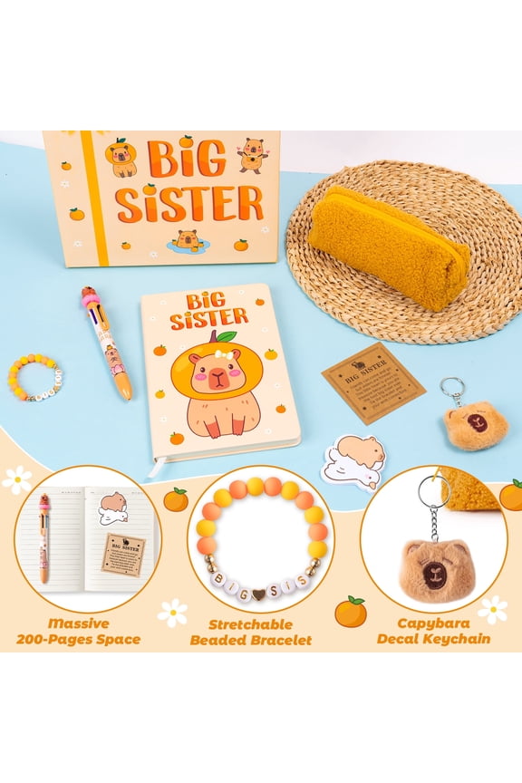 Capybara Notebook Gifts for Big Sister, Includes Pen Bag Sticky Note Pen Keychain Bracelet Gift Box,1Set