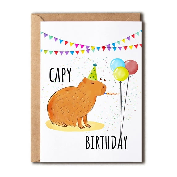 Capybara Birthday Card – Cute Capy Design with Party Hat, Balloons & Confetti – Blank Inside for Personal Messages, Perfect for Animal Lovers’ Birthday Celebrations