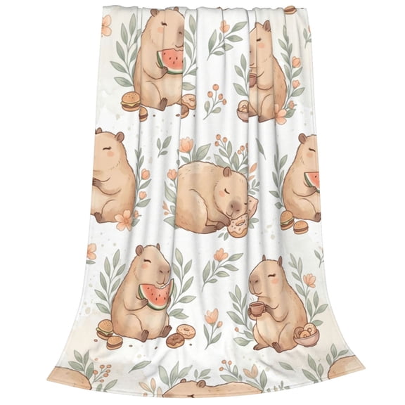 Capybara Blanket, Cute Animal Food Scene For All Season Nap, Travel Airplane Wrap, Portable Picnic Leisure Accessory, Couch Sofa Cover Flannel Blanket 50x40