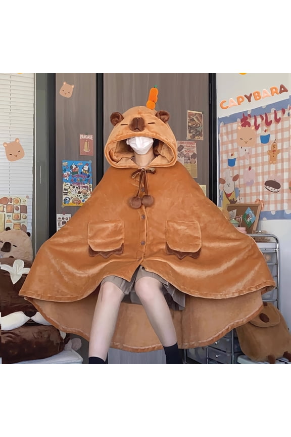 Capybara Blanket Hoodie, Soft Wearable Hooded Blanket, Plush Capybara Cape Shawl for Cozy Loungewear, Cartoon Ladies Lazy Cloak to Keep Warm, Napping & Relaxing, Cute Animal Fleece Wrap Gift