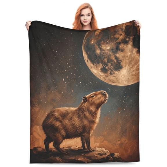 Capybara Blanket, Moon Oil Painting Capybara Art For Couch Sofa Bed, Celestial Nature Decor, Bedroom Bedding Home Accessory, Interior Decoration Flannel Blanket 50x40