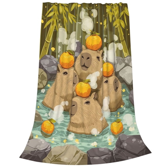 Capybara Blanket, Steamy Onsen Tangerine Flannel Throw, Soft Fleece For Reading Nook Decor 50x40
