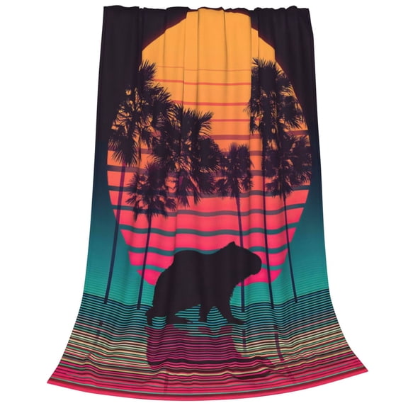 Capybara Blanket, Synthwave Sunset Flannel Throw, Soft Fleece For Gaming Room Decor 80x60