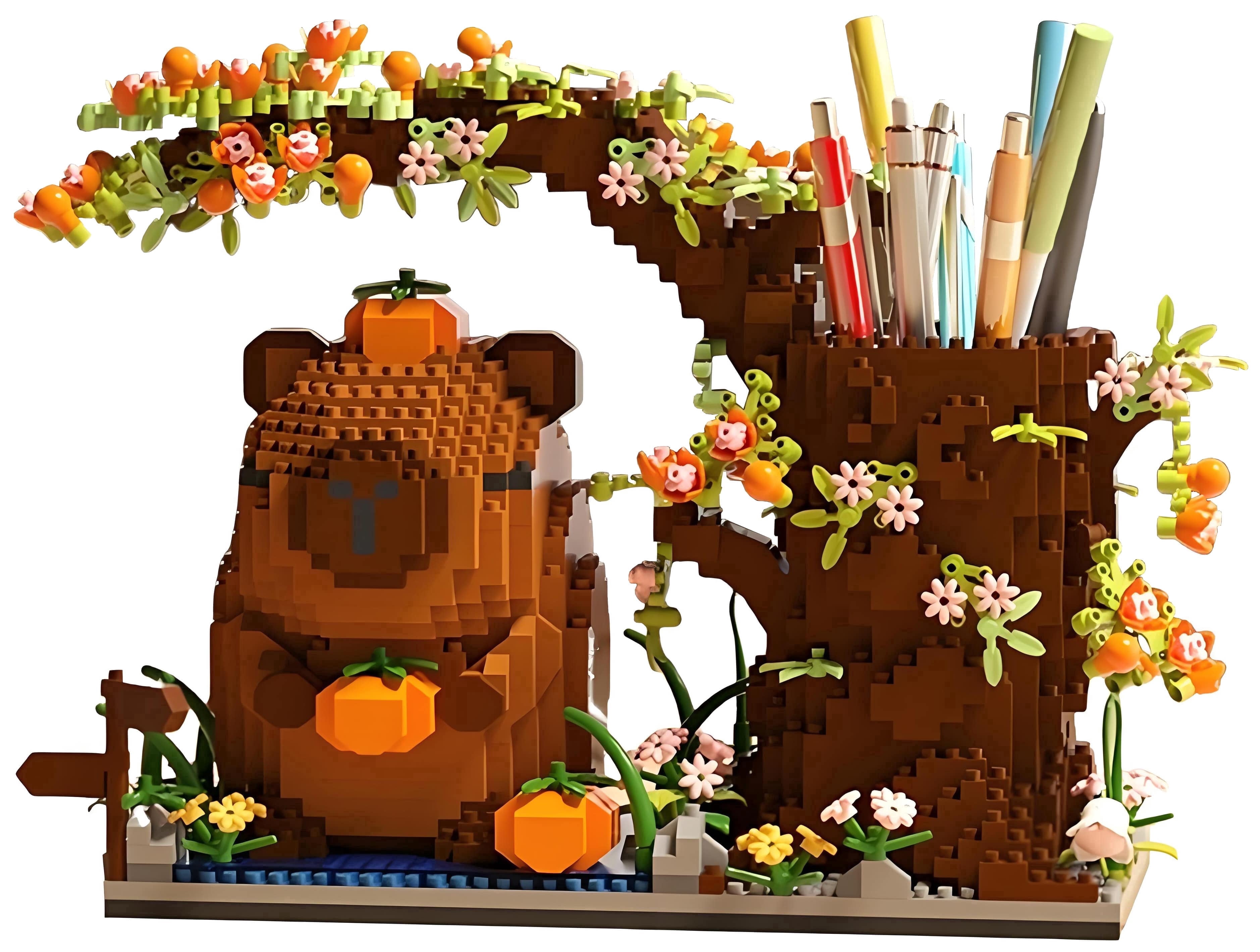 1880PCS Capybara Building Blocks Kit，Cute Animal Floral Desk Organizer Pen Holder for 8+ Kids Teens Adults