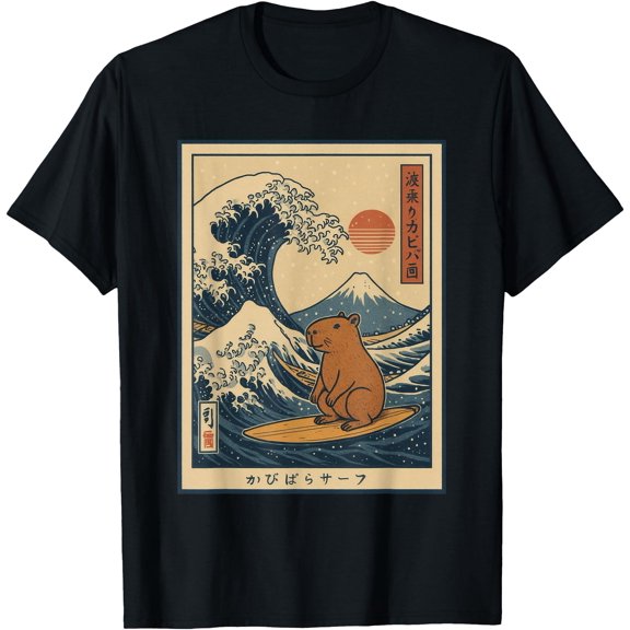 Capybara Calmly Surfing The Great Wave T-Shirt