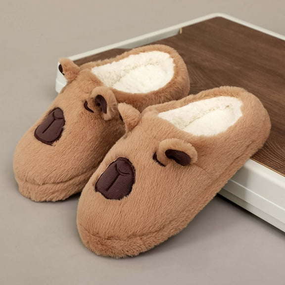 Capybara Cartoon Slippers Women'S Winter Indoor Non Slip Warm Thickened Moon Shoes Wool Slippers Soft Bottom Brown CN：41(US:8.5)