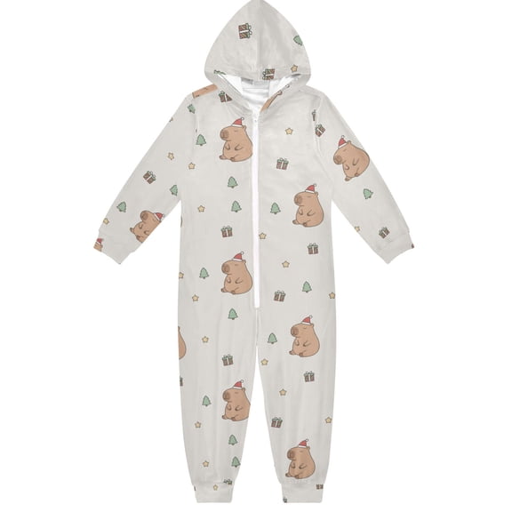 Capybara Christmas Boys & Girls Hooded One-Piece Pajamas Warm Crystal velvet Hooded Long Sleeve Loungewear Jumpsuit Unisex