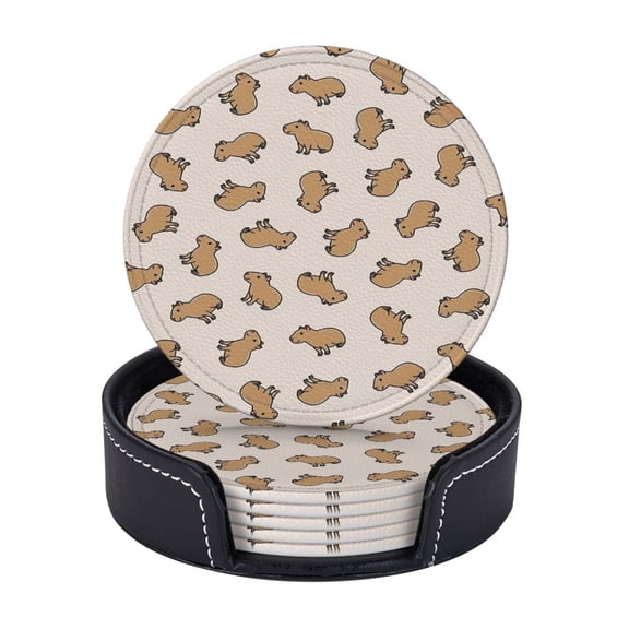 Capybara Coasters With Leather Holder Set Of 6 Round Coasters for Home and Kitchen Decor
