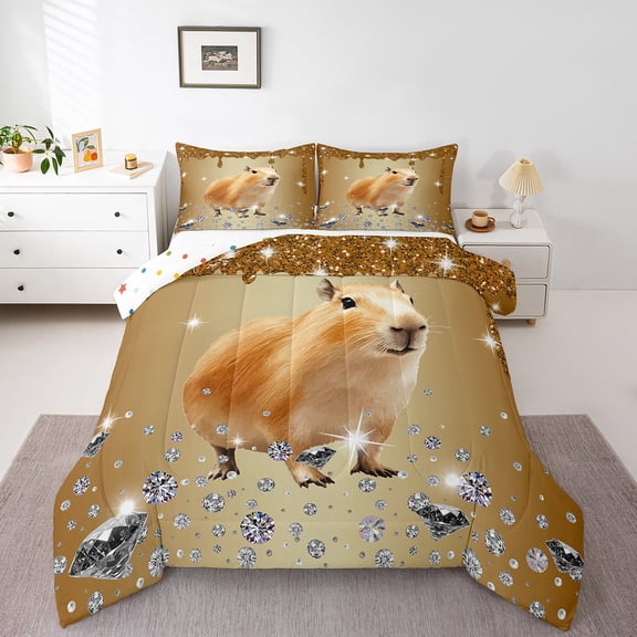 Capybara Comforter Set Brown Sequin Fluid Art Bedding Sets Full,Crystal Diamond Bed Set Nautical Sea Animal Duvet Set,Coastal Creature Cute Room Decor