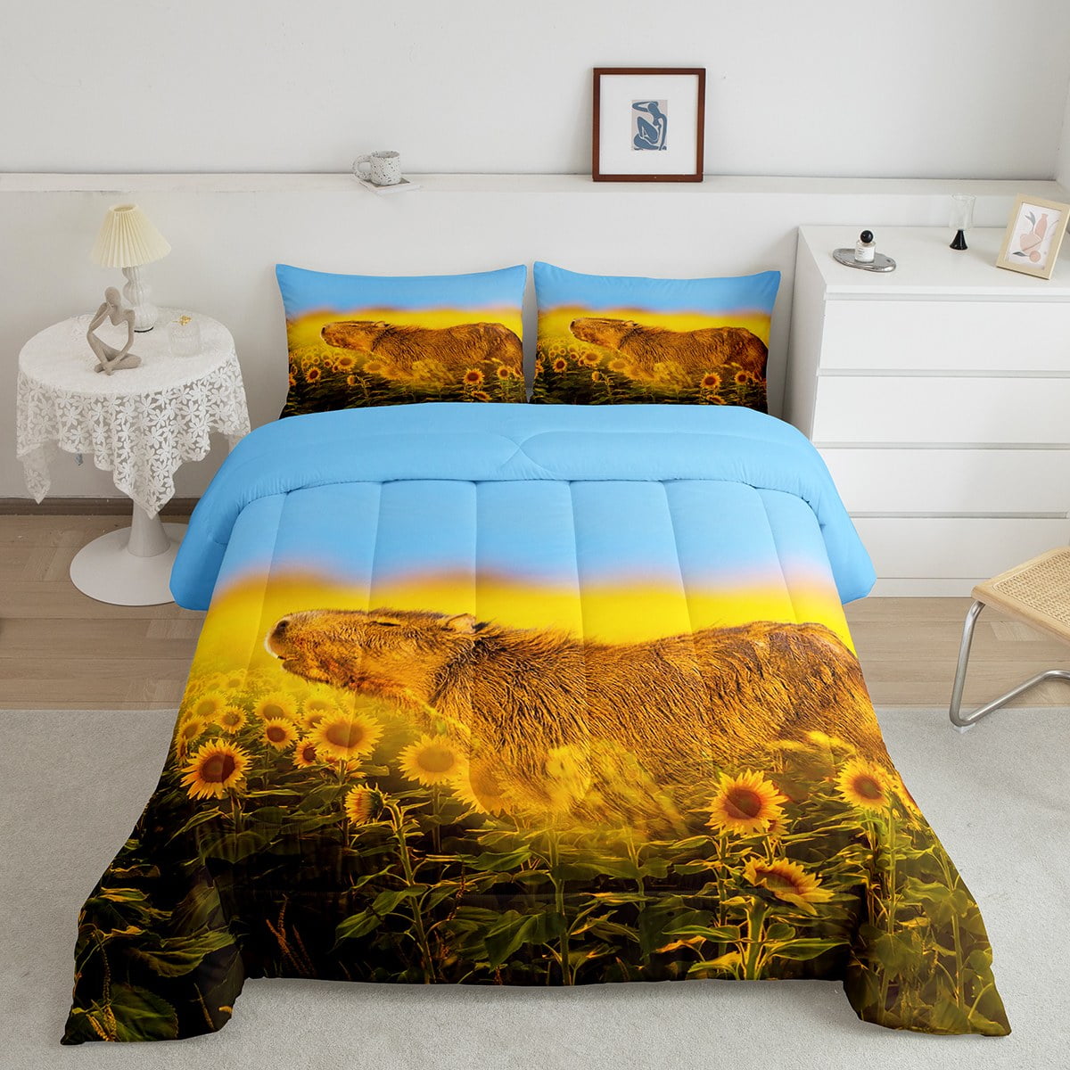 Capybara Comforter Set Rustic Farmhouse Sunflowers Bedding Twin Size Cute Rodent Animals