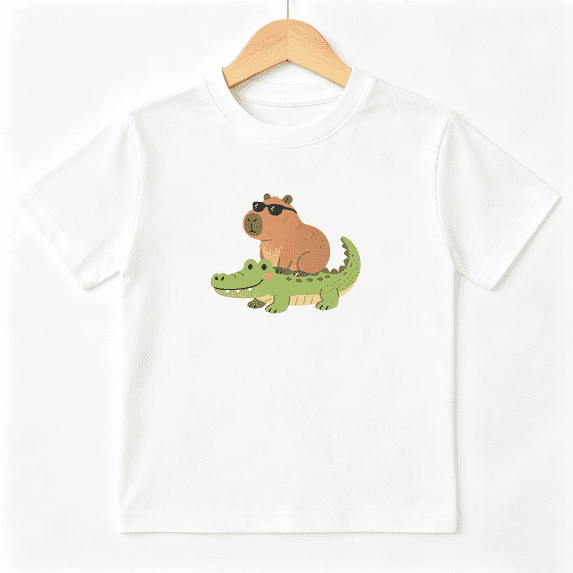Capybara Crocodile Boys Graphic Print T-Shirt, Cute Animal Friends Graphic 100% Cotton Kids Short Sleeve Tee