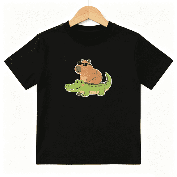 Capybara Crocodile Boys Graphic Print T-Shirt, Cute Animal Friends Graphic 100% Cotton Kids Short Sleeve Tee