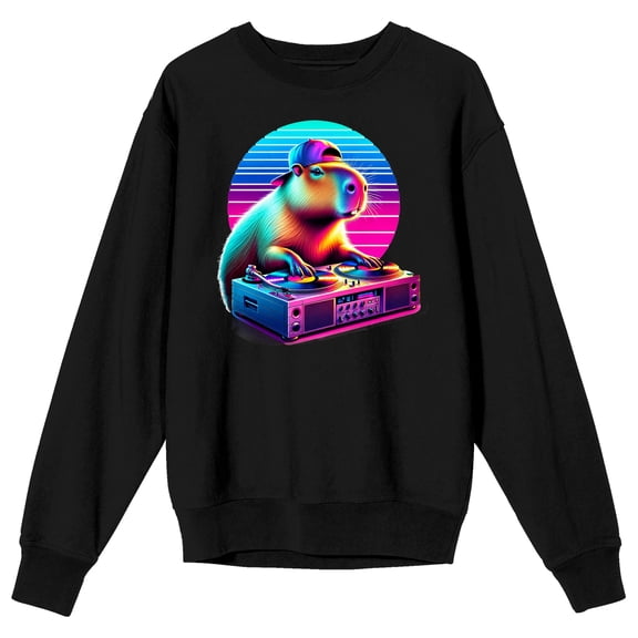 Capybara DJ Adult Black Crew Neck Long Sleeve Sweatshirt-Large
