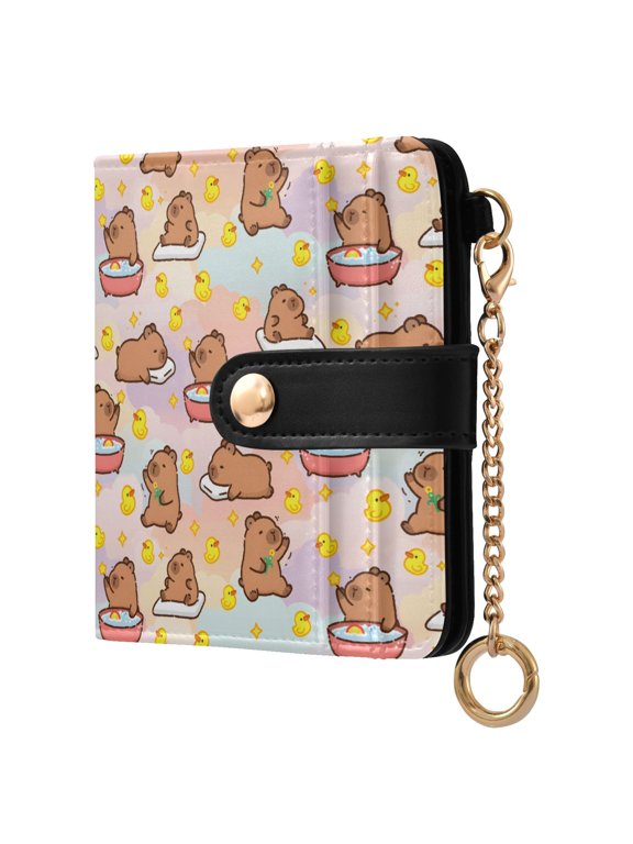 Capybara Duck Small Wallet for Women RFID Blocking Bifold PU Leather Credit Card Holder with Zipper Coin Pocket Compact Cute Travel Purse Magnetic Snap 7 Card Slots