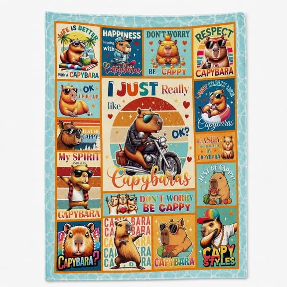 Capybara Fleece Throw Blanket - Funny Cartoon Print, Soft 280GSM Cozy Couch Blanket, 4 Sizes