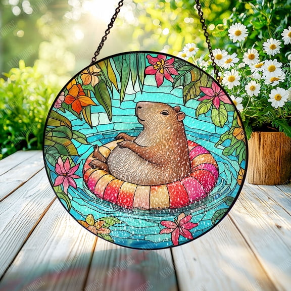 Capybara Floating Stained Glass Window Hanging, Summer Jungle Design, Car and Home Decoration, Unique Gift for Parents or Nature Enthusiasts