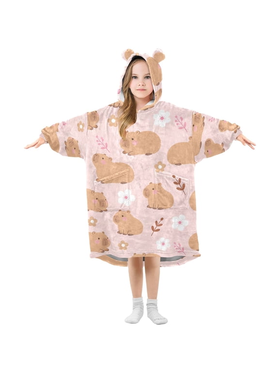 Capybara Floral Pattern Kids Wearable Blanket Hoodie Toddler Oversized Sherpa Sweatshirt 3-14 YR S