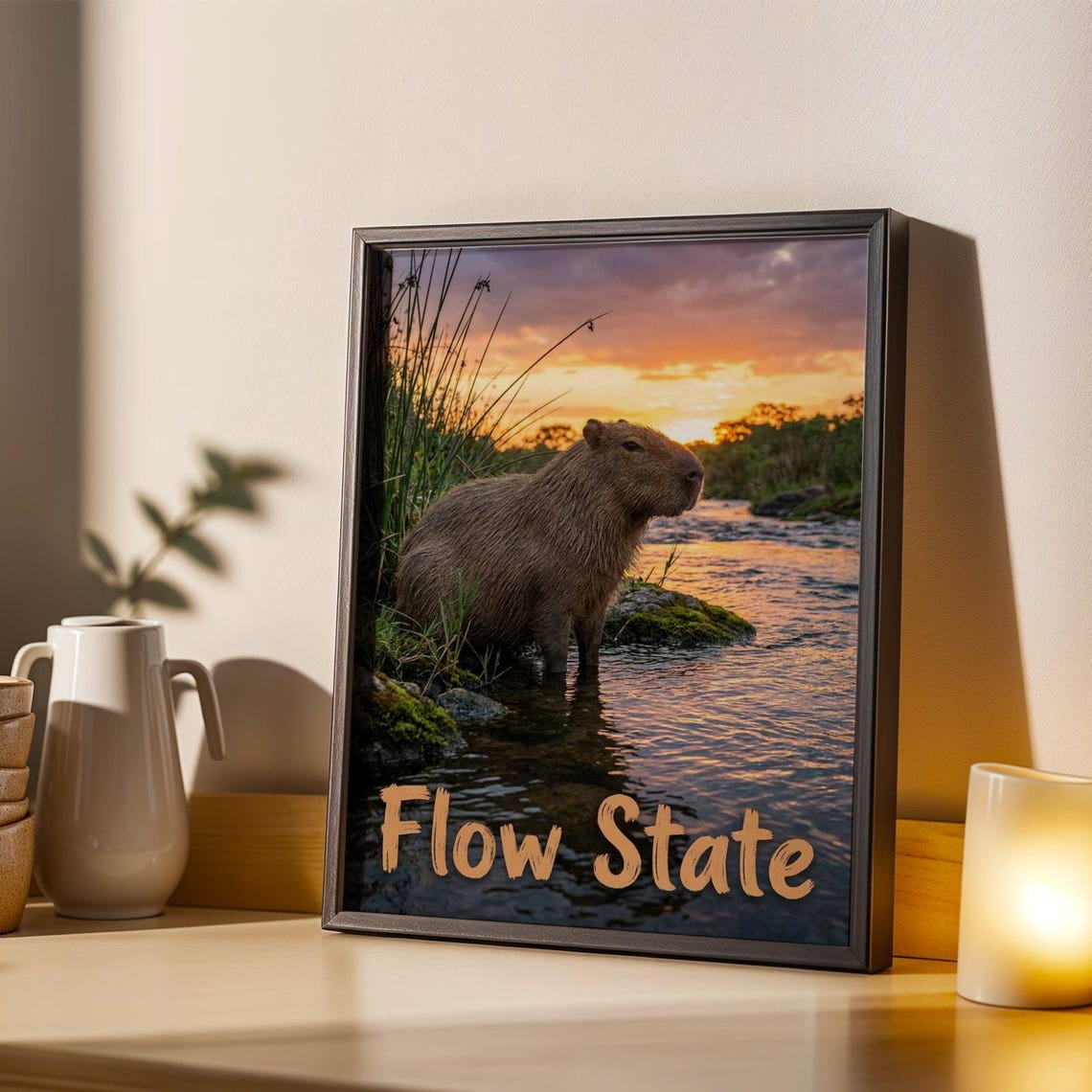 Capybara Flow State Wall Art Print, Orange Golden Yellow Sunset ...