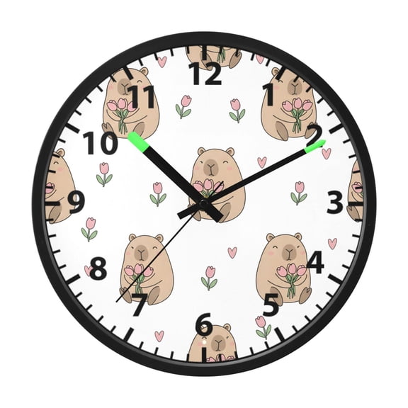 Capybara Flower Pattern Wall Clock 12 Inch Voice Activated Night Light Silent Non Ticking