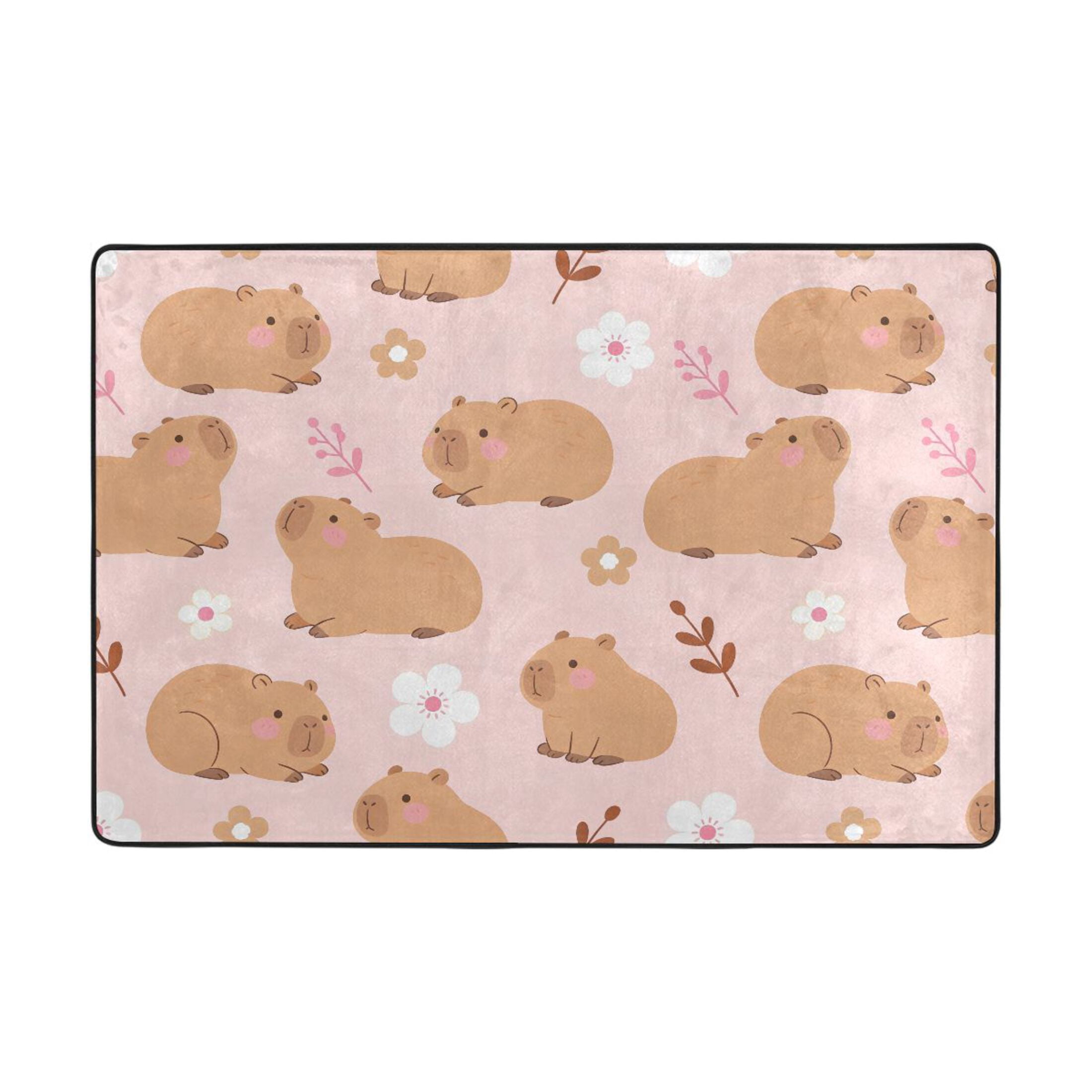 Capybara Rug Rectangle Capybara Flower Rug 72x48in Memory Foam Absorbent Non Slip Plush for ...