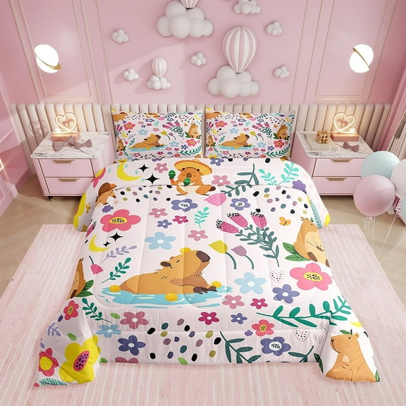 Capybara Full Comforter Set ,Cartoon Animal Bedding ,Lovely Flower Moon Floral Comforter Sets,Groovy Style AlterPink Bed Sets 3pcs,Lightweight