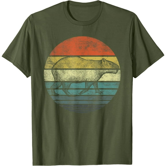 Capybara Gifts Retro Sunset Animal Lover Capybara Silhouette Unisex T-Shirt for Men Women Kids Toddler,Military Green Color,Size M