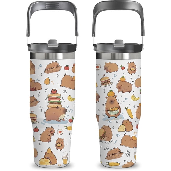 Capybara Gifts for Women - 30oz Tumbler with Straw and Handle, Capybara Stainless Steel Insulated Tumbler, Leak-proof Travel Coffee Mug for School Office - Capybaras Lovers Birthday Gift Cup(1pc)