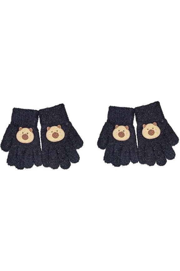 Capybara Gloves for Kids  2 Pairs Winter Animal Plush Handwear, Five-Finger Cold-Proof Snow Gloves for Outdoor Play(black)-dh