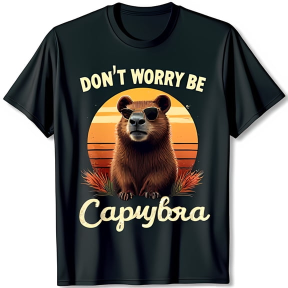 Capybara Graphic Black T-Shirt with Sunset & Trees Don t Worry Be Capybara