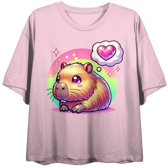 Capybara Heart Emoji Women's Cradle Pink Crew Neck Short Sleeve Crop Top-XS