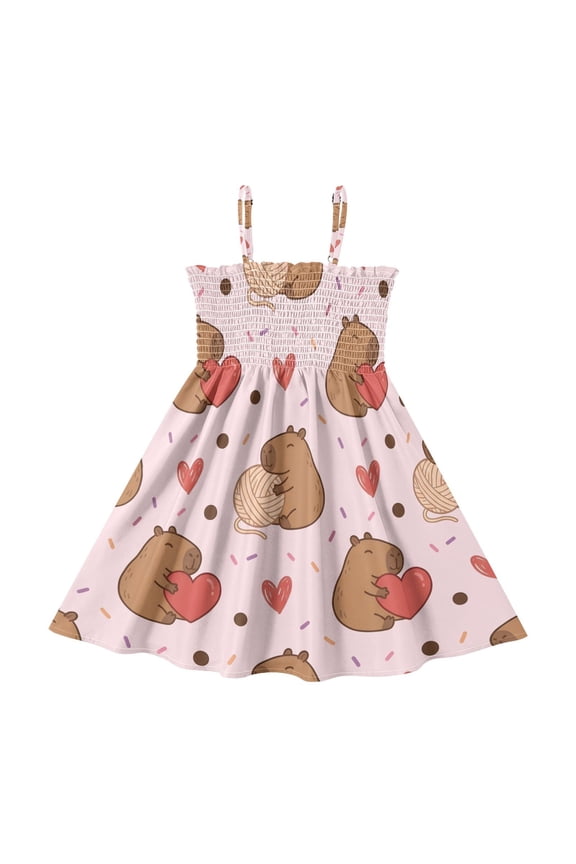 Capybara Heart Pattern Girls' Casual Dresses 2Y-8Y Sleeveless Ruffle Neck for Summer Daily Wear