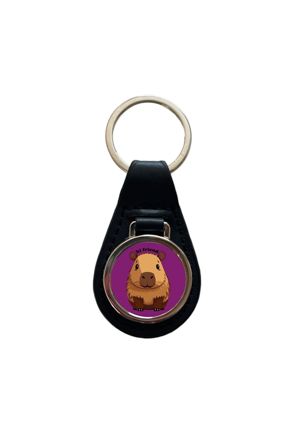 Capybara Hi Friend Hello Funny Metal Black Leather Keychain