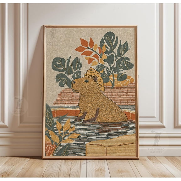 Capybara Hot Spring Poster Botanical Animal Illustration Minimal Spa, Unframed Poster