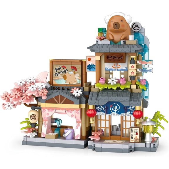 Capybara Hot Spring Retreat Shop Building Set,City Street View Miniature House Building Micro Blocks Toy Store Set for Home Decor Toys Birthday Gifts