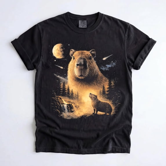 Capybara Howling at the Full Moon Graphic T-Shirt, Vintage 90s Galaxy Animal Tee, Capybara Lover Gift