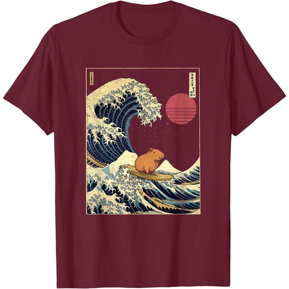 Capybara Japanese Kanagawa Wave Funny Surf Animal Unisex T-Shirt for Men Women Kids Toddler,Maroon Color,Size YM
