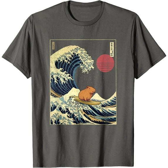 Capybara Japanese Kanagawa Wave Funny Surf Animal Unisex T-Shirt for Men Women Kids Toddler,Navy Color,Size 5/6