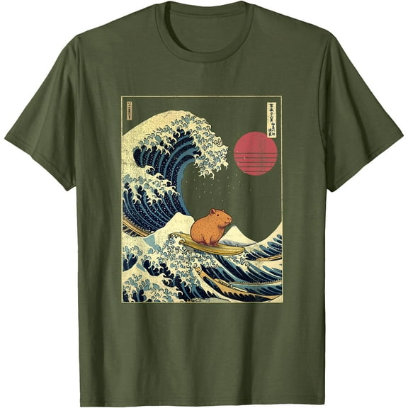 Capybara Japanese Kanagawa Wave Funny Surf Animal Unisex T-Shirt for Men Women Kids Toddler