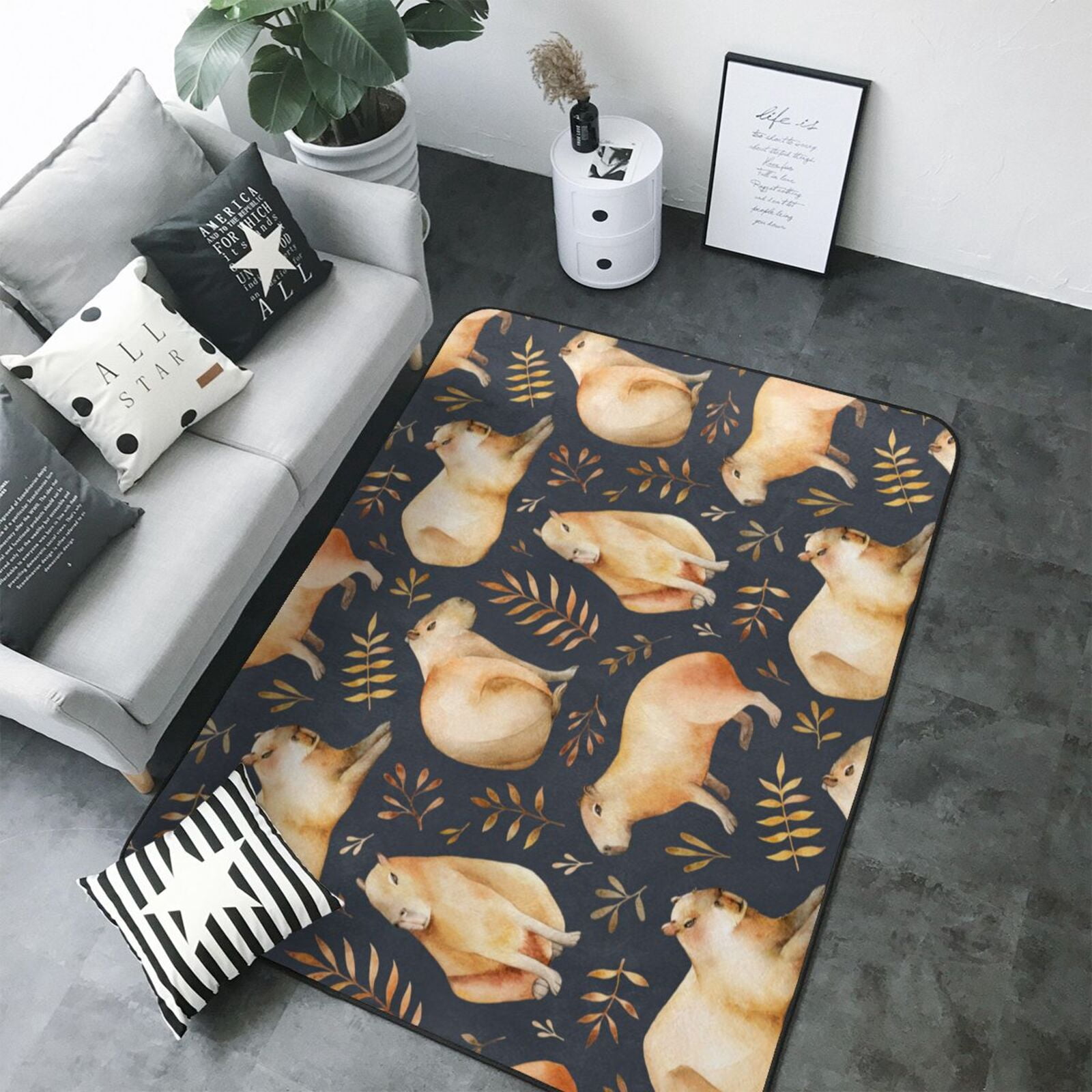 Capybara Rug Rectangle Capybara Leaf Area Rugs for Living Room Bedroom, 5x7 Soft Throw ...