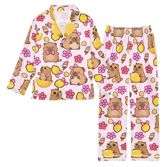Capybara Lemon Flower Pattern Satin Pajama Set Soft Breathable Button ...