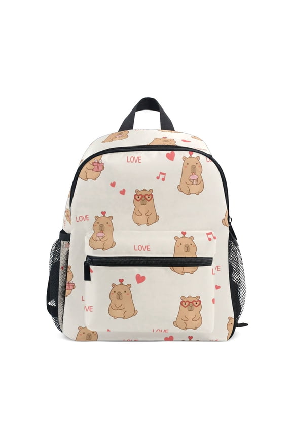 Capybara Love Pattern Mini Backpack Cute Small Backpack with Chest Strap and Whistle Ages 3-8