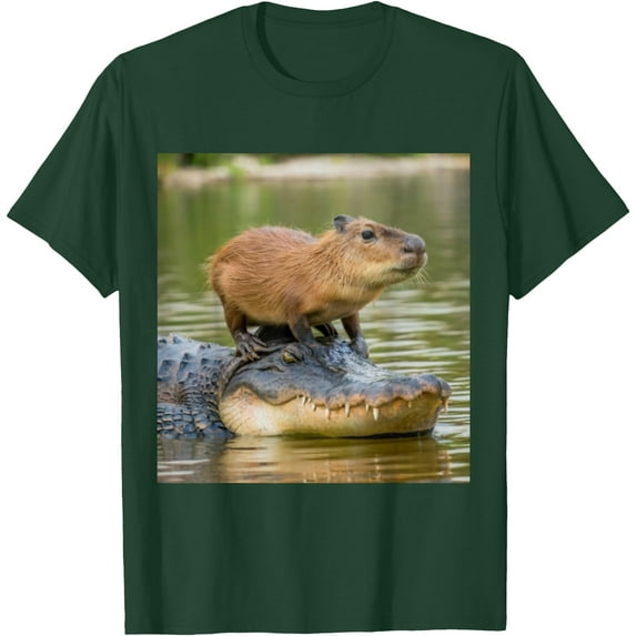 Capybara Meme on Alligator Graphic Unisex T-Shirt for Men Women Kids Toddler,Forest Green Color,Size L