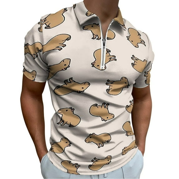 Capybara Men Zipper T-shirt Summer Casual Short Sleeve T-shirt Top